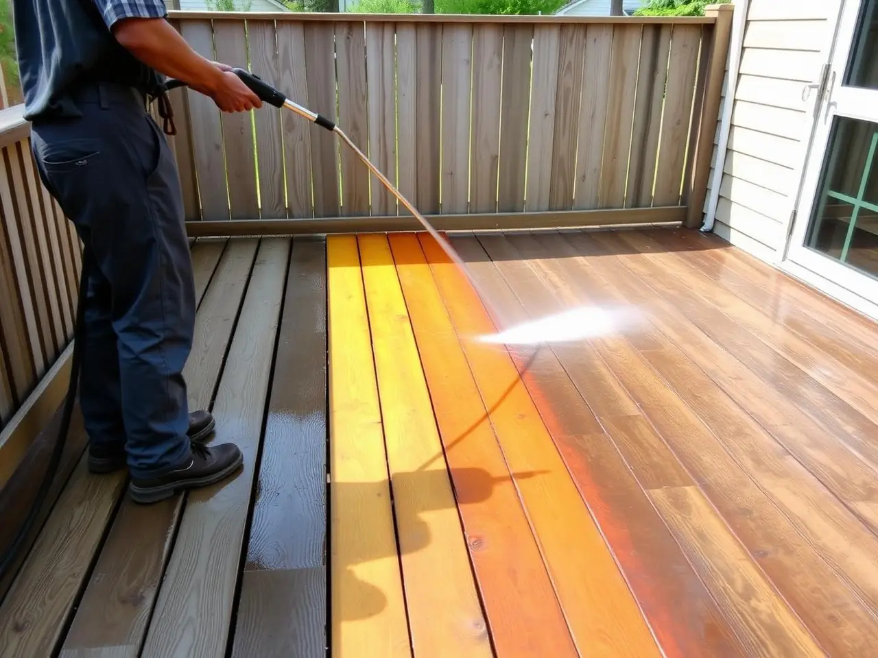 Wand-style pressure washer restoring a weathered wooden backyard deck in Middle Georgia