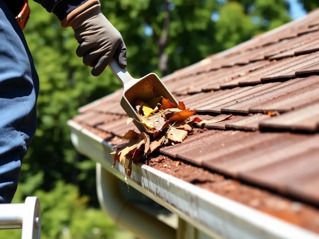 Delmain Powerwashing worker on a ladder clearing leaves and debris from a home gutter