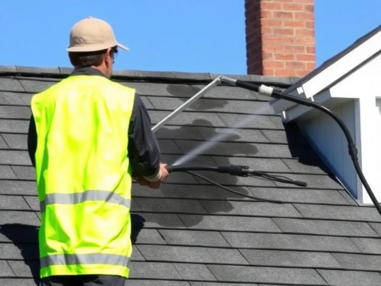 Low-pressure soft wash removing black algae streaks from asphalt roof shingles on a Macon home
